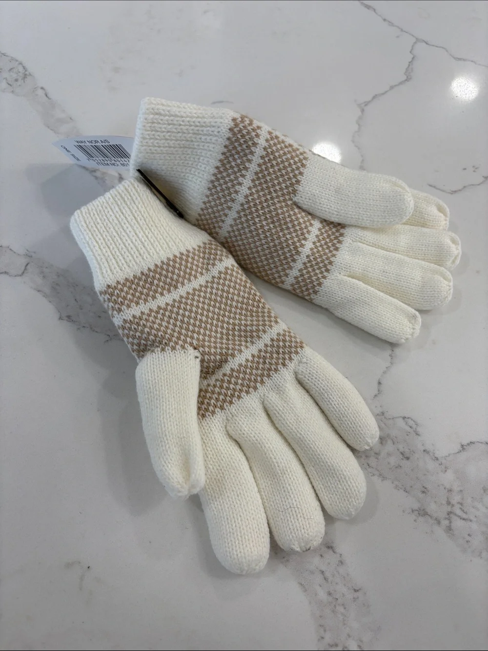 Ivory White & Tan Fair Isle Knit Fleece Lined Gloves